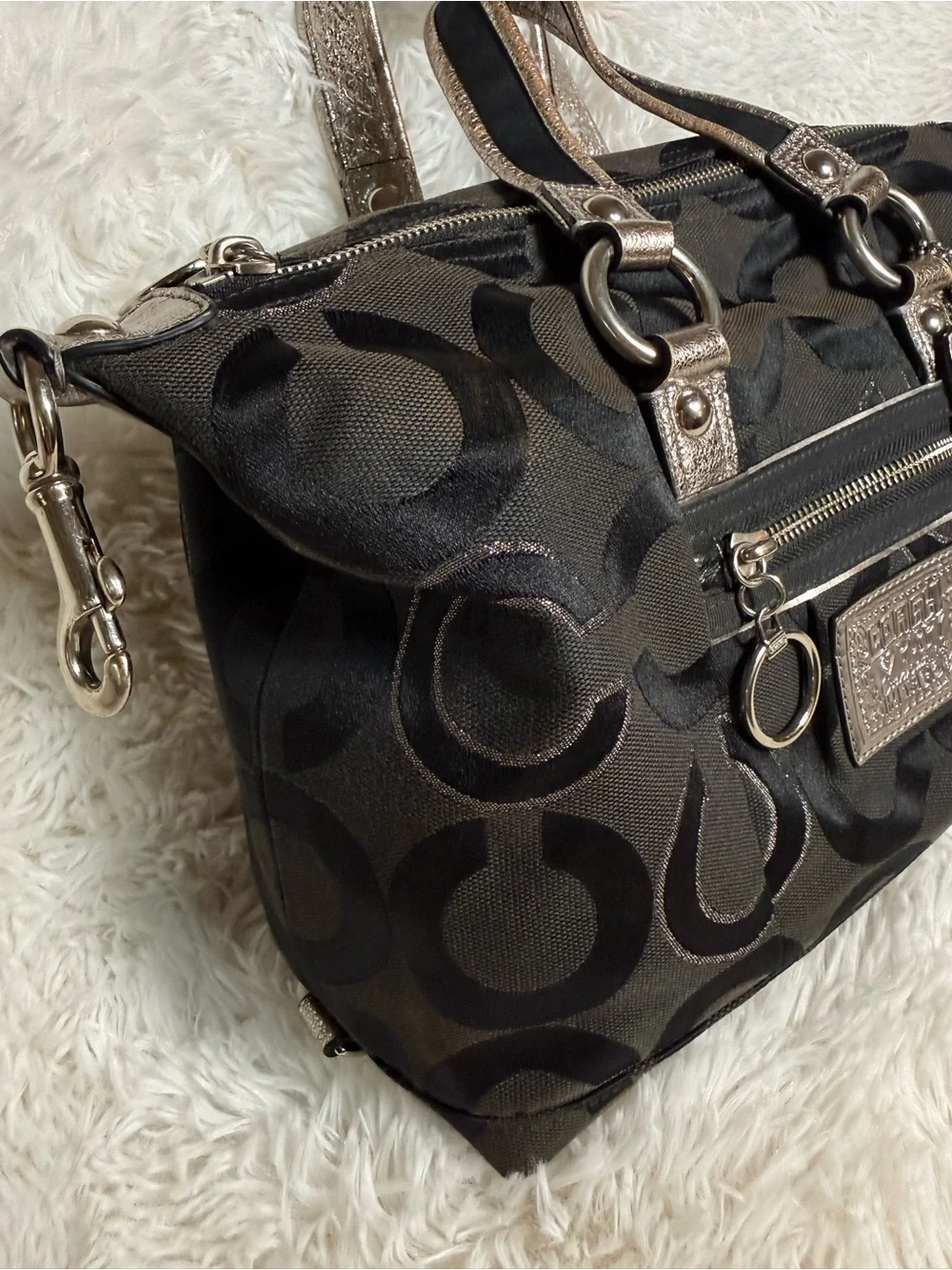 Coach Poppy Y2K Black Metallic Silver Glam Signature Canvas Tote Shoulder Bag